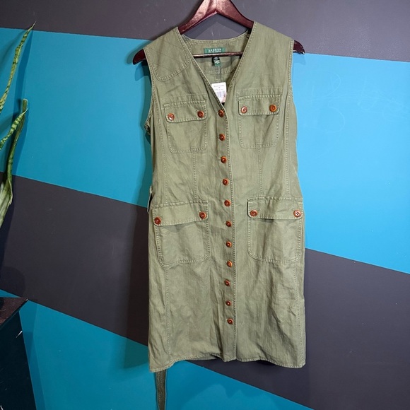 NWT Ralph Lauren Green Tie Front Sleeveless Midi Dress size 12 linen cotton - Picture 2 of 12